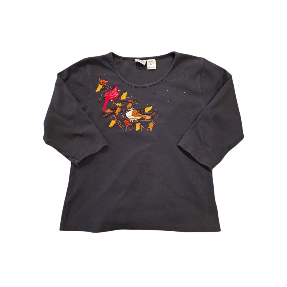 PB&J Top Small Black Embroidered Cardinals Fall Leaves 3/4 Sleeve Cotton